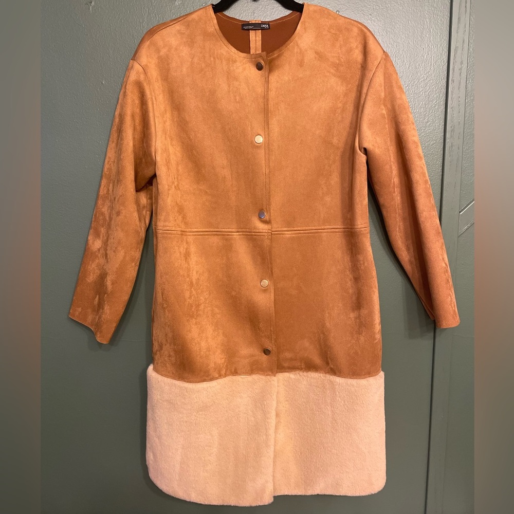 Zara Suede Oversized Coat with Faux Fur Trim